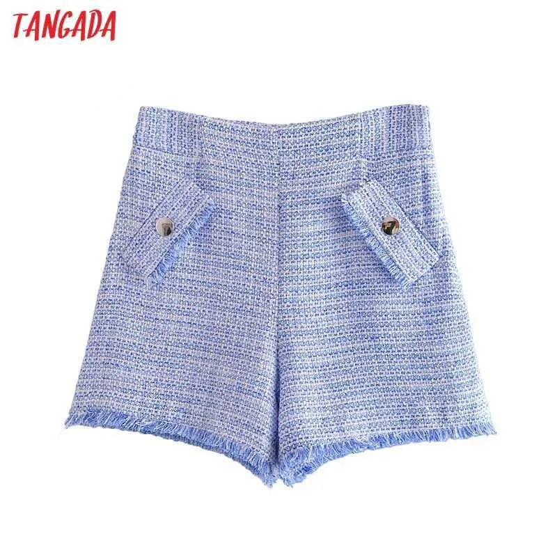 Tangada Fashion Women Plaid Tweed Shorts Pockets Side Zipper Office Lady Shorts 3H503 210609