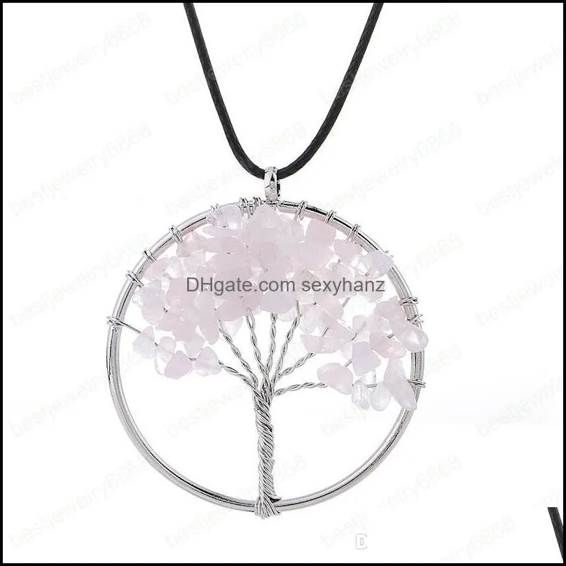 New 7 chakra Tree of Life Necklaces Natural crystal quartz Stone Pendant Leather Wax Rope chain For Women Fashion Jewelry Gift