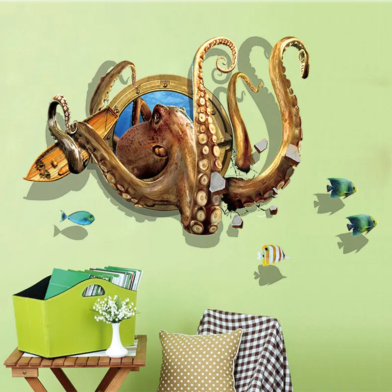 Deep-Nautical Octopus 3D Three-Dimensional Wall Stickers Home Decor Living Room Art Background Autocollant Mural 210420