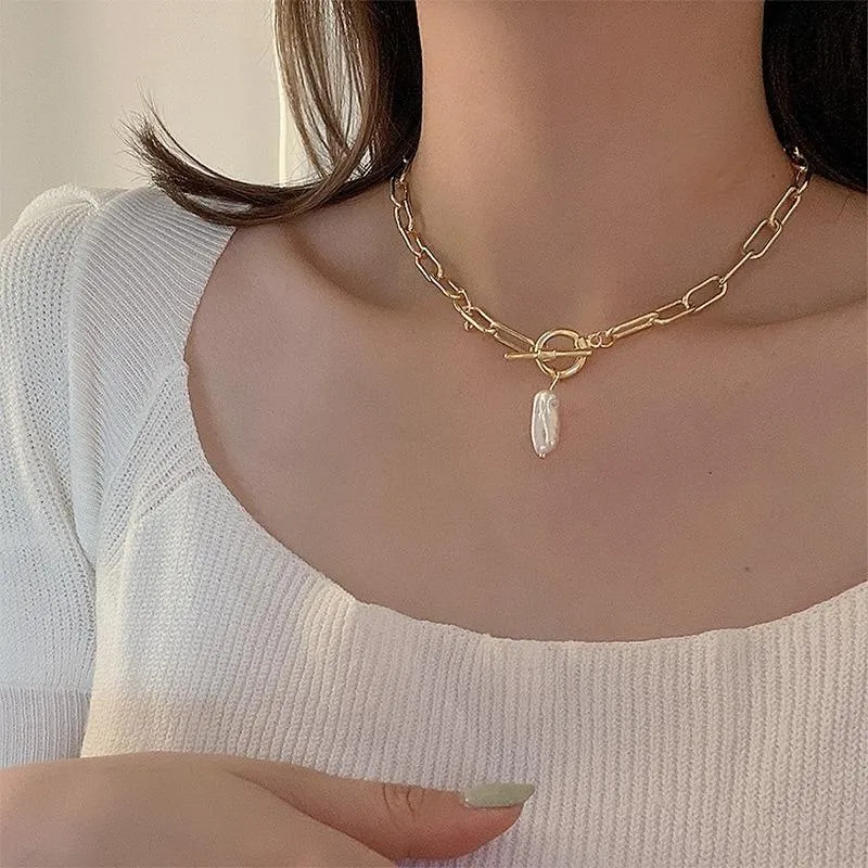 Pendant Necklaces VSnow Minimalist Natural Freshwater Pearl Toggle Clasp Necklace For Women Gold Metal Chunky Curb Chain Jewelry