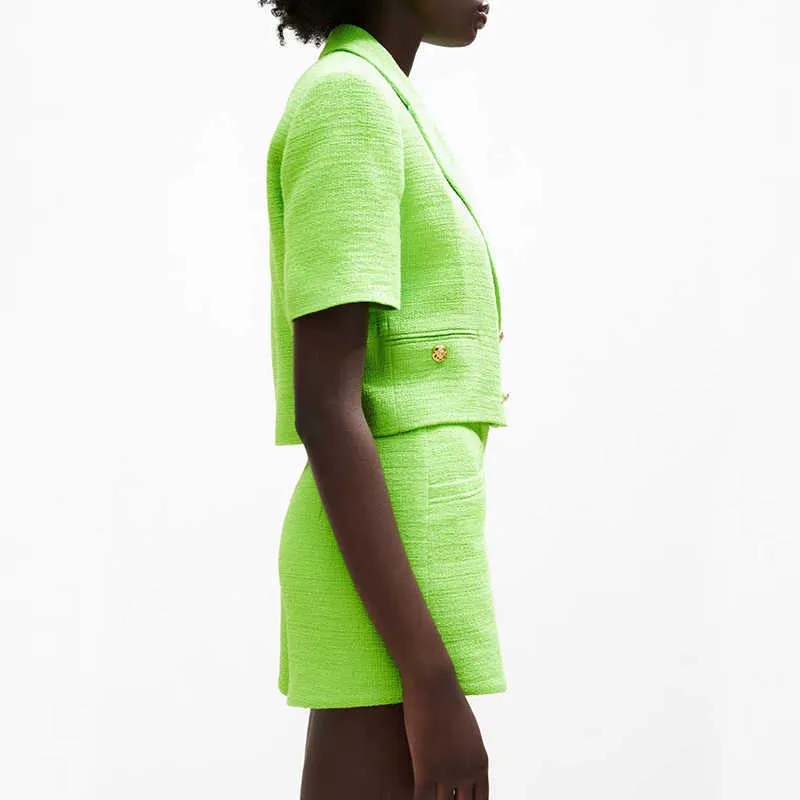 ZA أزياء المرأة رياضية قطعتين مجموعة الأخضر محكم اقتصاص السترة والسراويل 2021 الصيف 2 قطعة مجموعة OZZ1067 Y0702