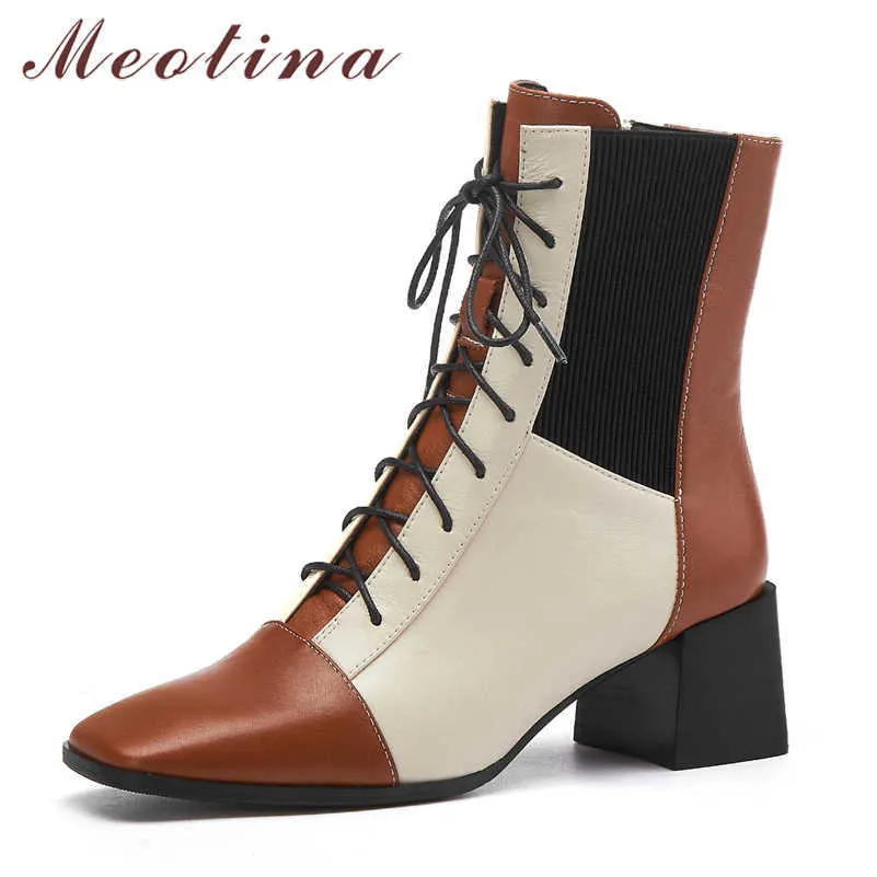 Meotina короткие сапоги женские туфли натуральная кожа высокие каблуки женские сапоги квадратные пальцы на молнии шнурок густые каблуки ботинки ботинки Brown 40 210608