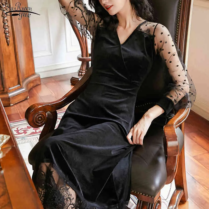 Mode Velvet Femmes Robe avec maille à manches longues Vintage de dentelle pour robe de col en V noir Femme 13084 210508