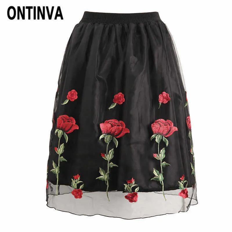 Retro Rose Floral Embroidery Midi Tulle Puff Skirts Vintage Women High Waist Saia Feminina Mesh Ball Gown 210527