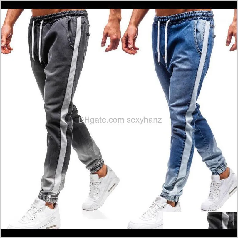 Mens kläder kläder dropp leverans 2021 sommar hip hop blå smal passform byxor med för män sida stripe pocket jeans penna pantalones1 e0wjc