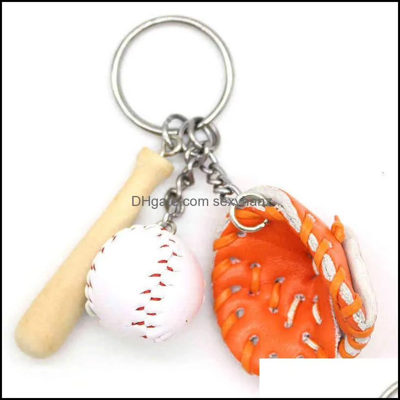 Keychains Creative Baseball Ring Sports Bag Pendant Baseball Glove Three Piece Wooden Bat Set