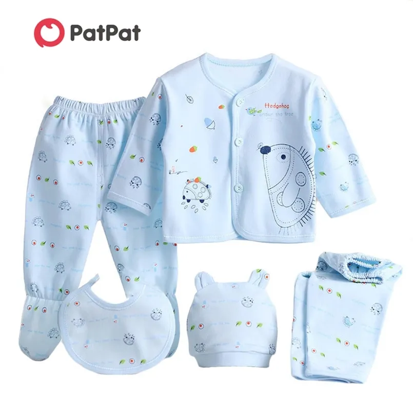 Spring and Autumn 5-piece Hedgehog Print Top Pants Set for born Baby Sets Clothes 210528