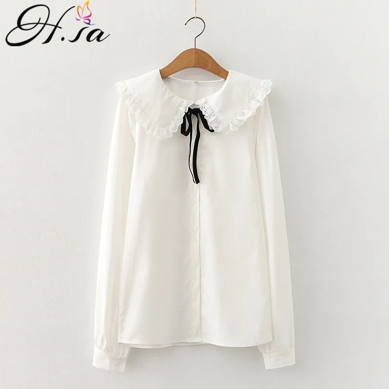 HSA White Bluzka Kobiety Z Długim Rękawem Bawełniane Topy i Bluzki Słodki Peter Pan Collar Girl Blusas Mujer de Moda 210417