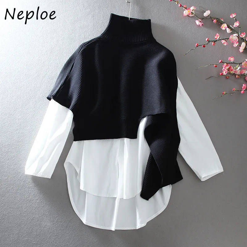 NELLOE Fashion 2 Peice набор водолазов женский свитер простой o шеи плюс размер белая рубашка топы корейский шик костюм Femme Roupas 210423