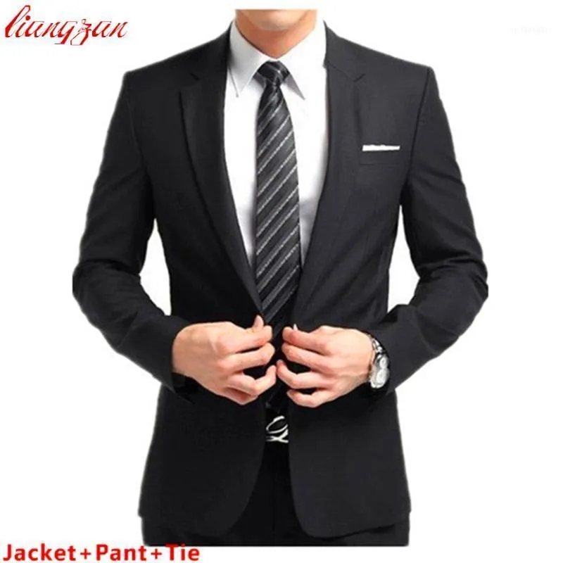 Mäns kostymer blazers (jacka + byxa + slips) män buisness kostym set smal passform tuxedo formell mode klänning blazer märke bomull fest bröllop säckar1