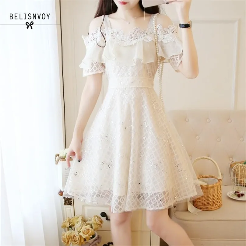 Korean Sweet Elegant Chic Women Princess Style Lovely Dress Slash Neck Hollow Out Vestidos Tulle Lace Sequined Party 210520