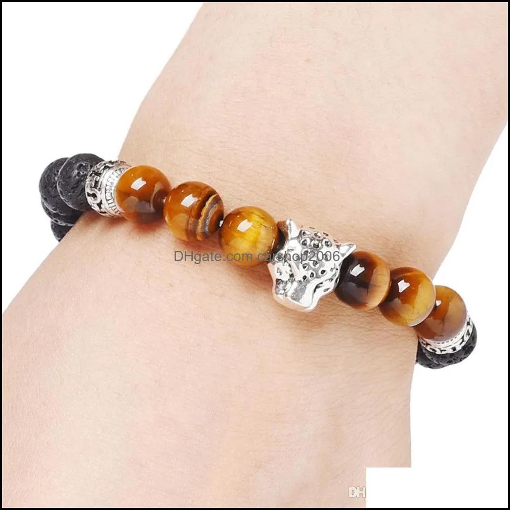 Natural stone bracelet plating leopard head men mature charm bracelet 8mm high quality tiger eye volcanic stone