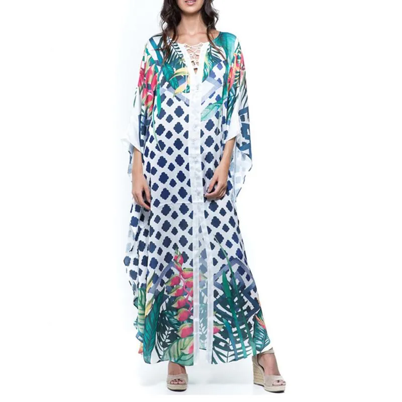 Podzielone druk krawata bikini okładka swinwear szata de plAGE V-Neck pareo plażowa tunik Kaftan Ponagime BOHO Dress Damskie stroje kąpielowe