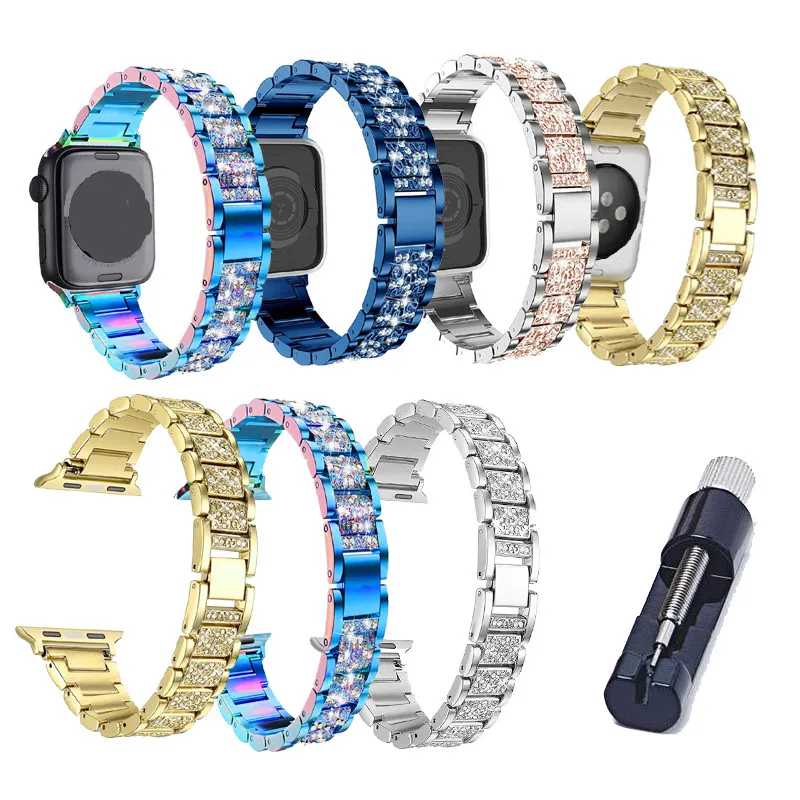 Bling Diamond mulheres luxo relógios inteligentes pulseira pulseira de aço inoxidável para maçã faixas de relógio Iwatch série 6 5 4 3 38 40 42 44mm pulseira pulseira fivela ferramenta 504h