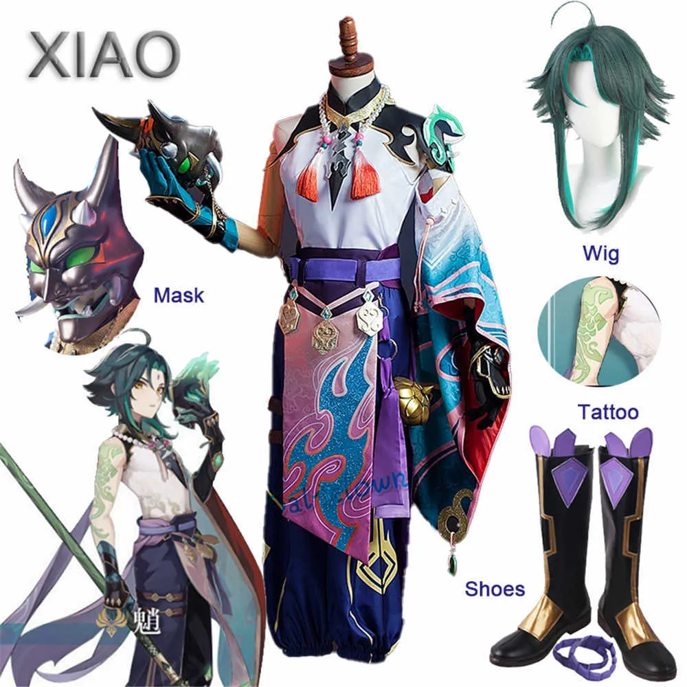 Jeu Genshin Impact Xiao Cosplay Costume Kimono Outfit Perruque Tatouage Masque Cosplay Anime Halloween Costume Pour Femmes Hommes Y0903