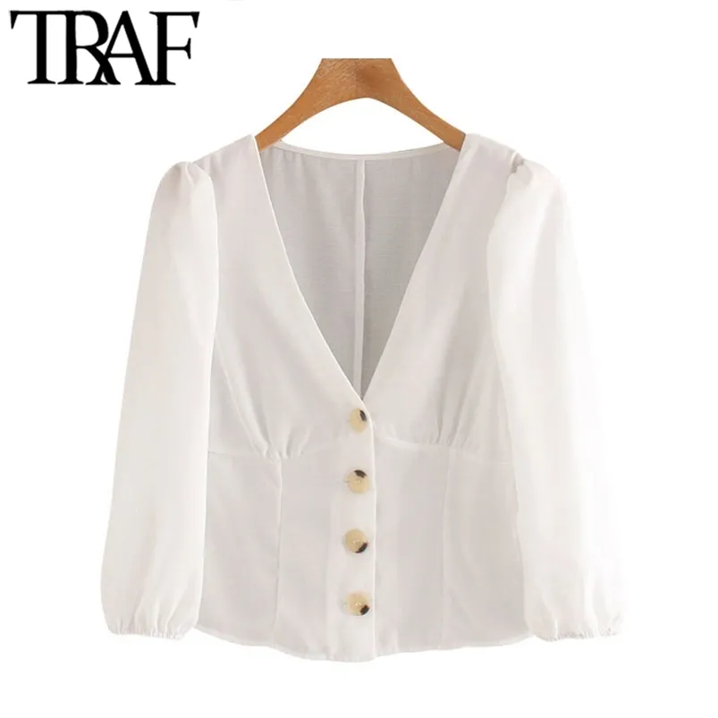 Frauen Mode Büro Tragen Button-up Blusen Vintage V-ausschnitt Halbarm Weibliche Shirts Blusas Chic Tops 210507