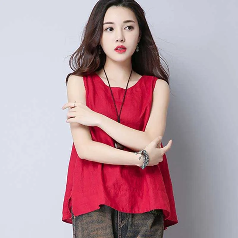Sexy Loose Ladies Tops Red Black Tops Women Summer Fashion Sexy Top White  Shirts Casual Solid Cotton and Linen Tanks 3234 210528