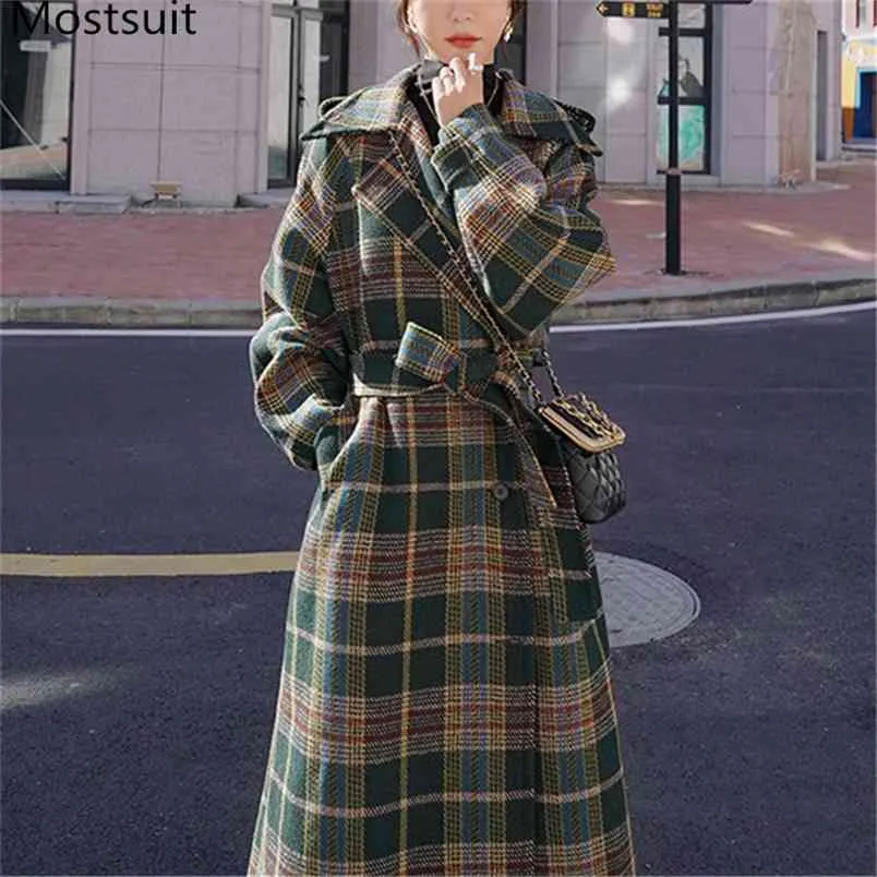 Vintage Plaid Verdicken Frauen Wolle Langen Mantel Outercoat Winter Warme einreiher Gürtel Koreanische Damen Mantel Femme 210513