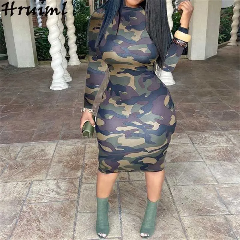 Fashion Bodycon Woman Dress Autumn Camouflage Print Long Sleeve O Neck High Waist Plus Size Female Midi Ropa Mujer 211106