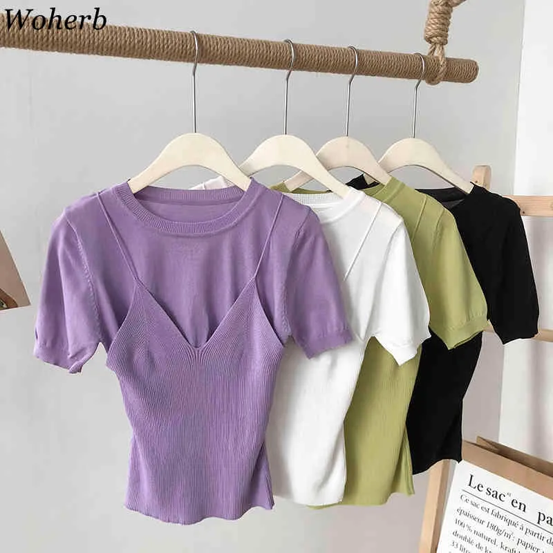 Базовая футболка летом футболка женщин вязаный с коротким рукавом поддельные две части Patch Tee Elasticity o шеи женские топ футболки 210422