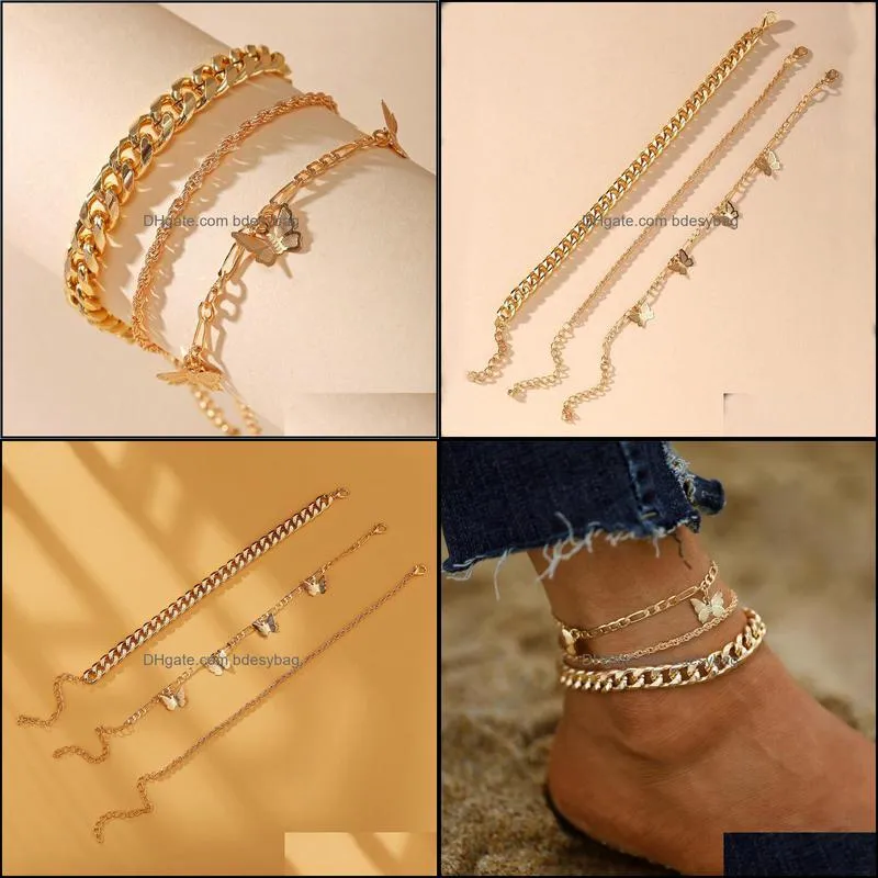 Bohemian Gold Butterfly Chain Anklets Set For Women Girls Fashion Multi-layer Anklet Foot Ankle Bracelet Beach Jewelry