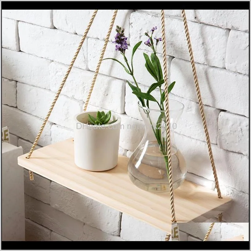 creative beautiful flower pot storage rack hanging rope shelf wooden basket wall ornaments for home office shipping