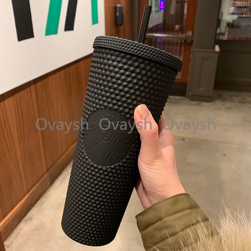 2021 Starbucks Çift Siyah Durian Lazer Saman Fincan 710 ml Tumblers Mermaid Plastik Soğuk Su Kahve Fincanları Hediye Kupa