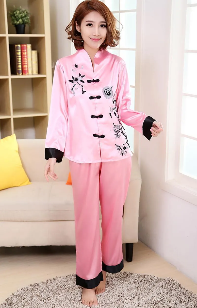 Women's Women's Dames Wholesale- Roze Traditionele Chinese Vrouwen Zijde Pyjama Set Borduurwerk Pyjama Pak thuiskleding Bloem 2 stks M L