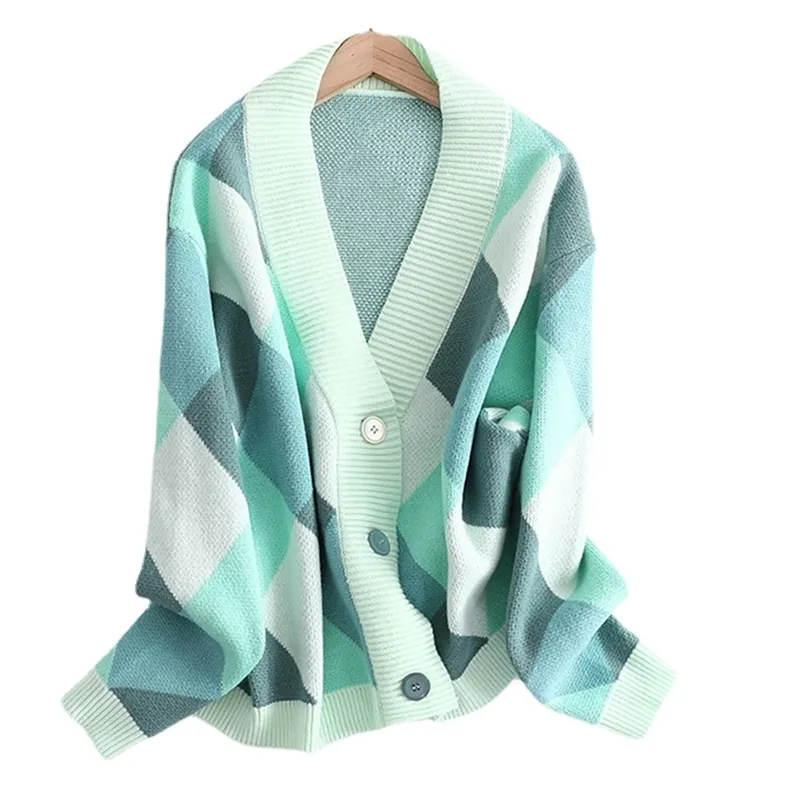 Cardigan tricoté à col en V pour femme, cardigan d'hiver Argyle à simple boutonnage, manteau de pull pour femme, automne, veste en tricot ample 211215