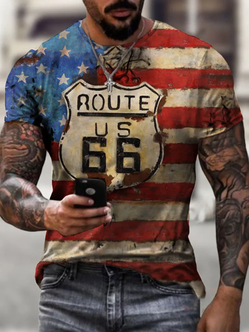 Été nouveaux hommes t-shirts surdimensionnés vêtements amples Vintage à manches courtes mode Amérique Route 66 lettres imprimées t-shirt à col rond
