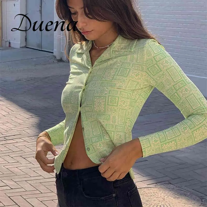 Duena Gedrukt Lange Mouwen Groene Y2K Button Up Dames Kleding Vrouwen 2021 Sexy Schede Vintage Esthetische Kraag T-shirt Y0508