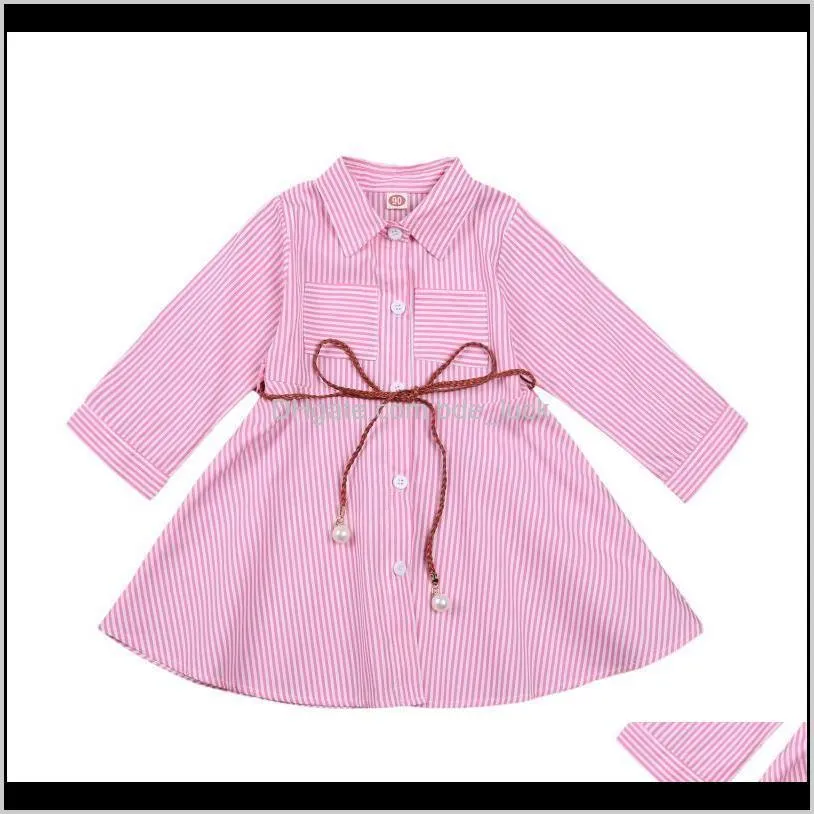 2-7Y FOCUSNORM Summer Causal Kids Girls Striped Dress Full Sleeve Turn-Down Collar Single Breasted A-Line Sashes Girl`s Dresses