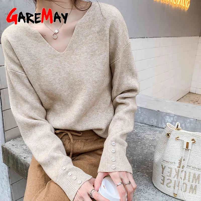 Biały sweter z dzianiny luźne damskie swetry zimowe kobieta dorywczo V Neck Jumper Top pullover kobiety 210428