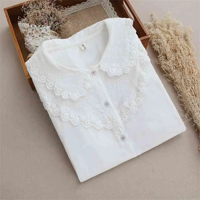 Lente Korea Mode Vrouwen Lange Mouwen Borduurwerk Peter Pan Collar Casual Shirts 100% Katoen Mori Girl White Blouse S578 210512