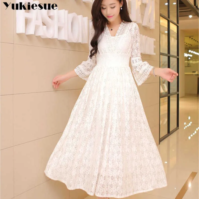 Vintage White Lace A-Line Lace midi dress for Women - Elegant, Sexy, and Perfect for Autumn/Summer Parties (210608)