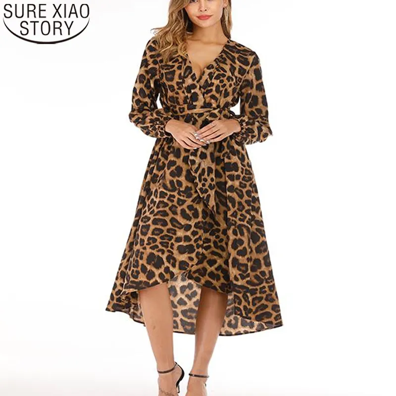Mode Léopard Imprimer Col V Automne Manches Longues Robe En Mousseline De Soie Maxi Robes Pour Femmes Robe De Mujer 11906 210417