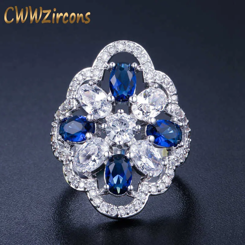 Gorgeou Party Biżuteria Akcesoria Srebrny Kolor CZ Big Wide Wedding Band Ring z Blue Stone R014 210714