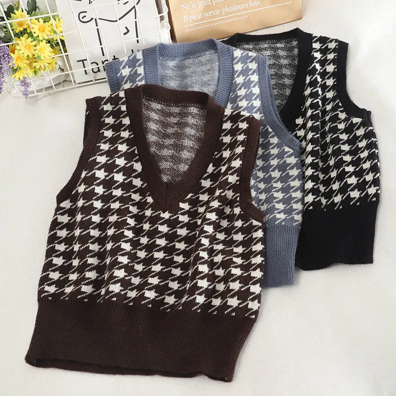 Fashion College-Style Knitted Vest Sweater women Autumn V-neck Houndstooth Front Short Long Back Sleeveless Vest Sweaters 210514