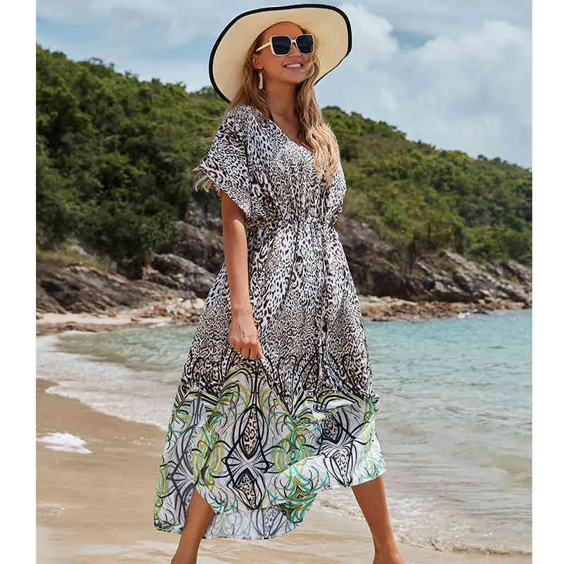 Sexy Biquíni Cover-Ups Algodão Túnica Boho Impresso Verão Praia Vestido Mulheres Elegantes Plus Size Wear Swim Suit Tever Up q1139 210420