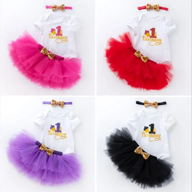 Conjunto de ropa para niña, trajes de vestido de cumpleaños, Top + faldas de encaje + diadema, conjuntos de 3 uds, monos de dibujos animados para recién nacidos, ropa para niños pequeños, 12 colores opcionales BT6619