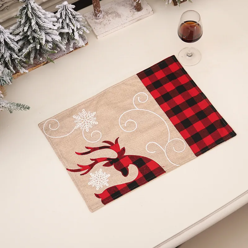 Jul Placemats Reindeer Snowflake Burlap Röd Buffalo Plaid Dining Table Mats Farmhus Hem Holiday Xmas Decor KDJK2111