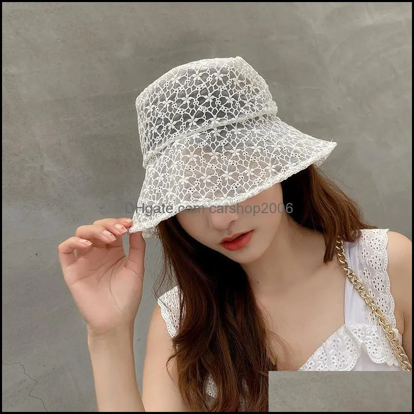 Wide Brim Hats 2021 Korea Fashion Summer Women`s Lace Fisherman`s Hat Black White Bucket Breathable Fisherman Women