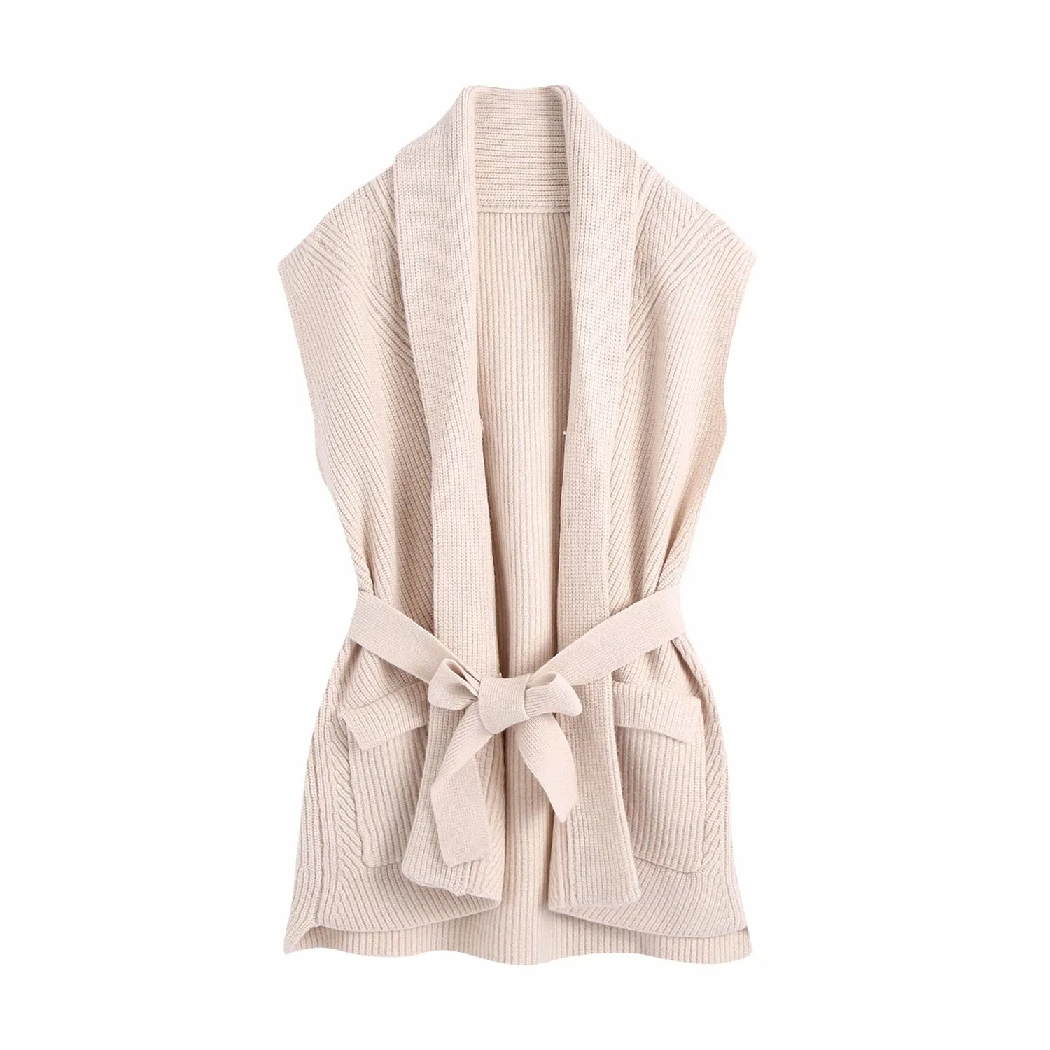Streetwear Women Solid Sweater Cardigan Elegant Ladies Pocket Causal Female Slim Vest With Belt Girls Chic Sets 210427