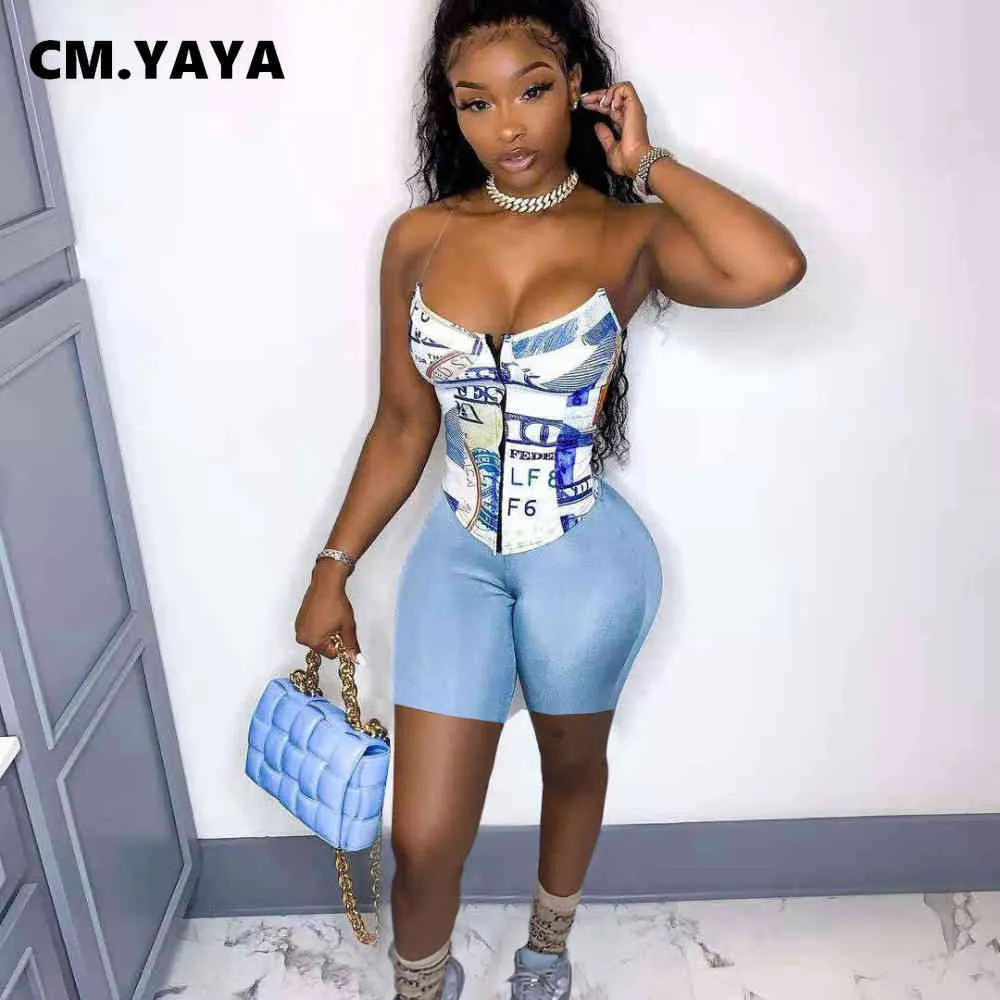 CM.YAYA Streetwear Trainingsanzug Croset US-Dollar-Print Crop Tops und Shorts Passende Zweiteiler Set Vintage Sweatsuit Outfits X0428