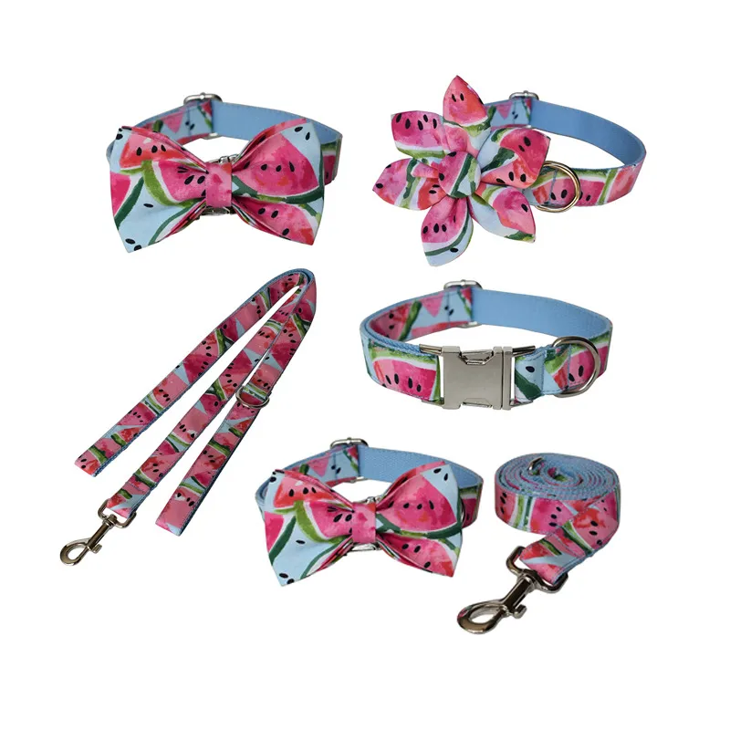 Wassermelonen-Druck, Haustierhalsbänder, Leinen, Zubehör für Sommerreisen, verstellbares Hundehalsband-Set, Teddy-Bulldogge-Haustierzubehör