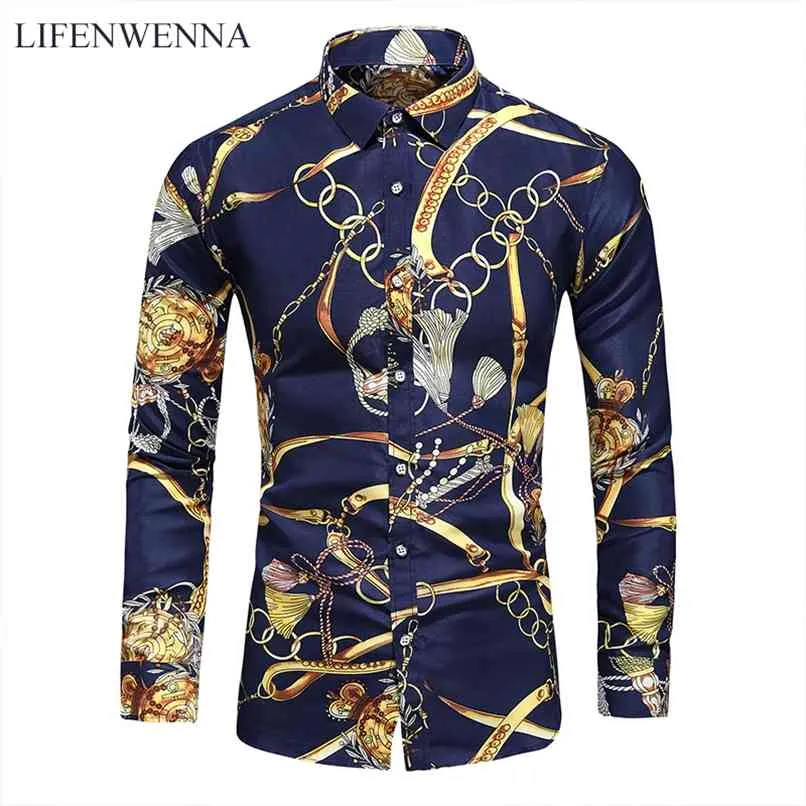 Lifenwenna 6xl 7xlシャツ男性ファッション性格プリント長袖Sメンズカジュアルプラスサイズフラワービーチハワイアン210809