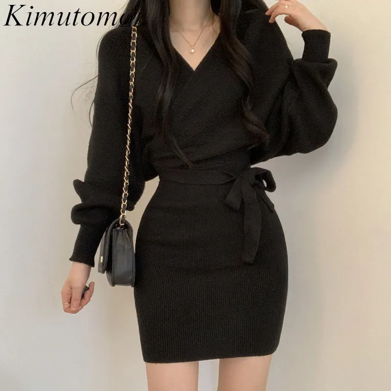 Kimutomo Vintage Abiti lavorato a maglia Donne Donne Collo V-Collo Slim Pizzo Up Lantern Manica Mini Dress Molla Autunno Corea Chic 210521