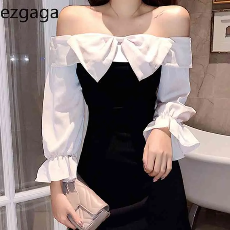 Ezgaga Elegantes Kleid Frauen Slash Neck Off Schulter Frühling Langarm Hohe Taille Koreanische Mode Sexy, Figurbetontes Kleid Vestidos 210430