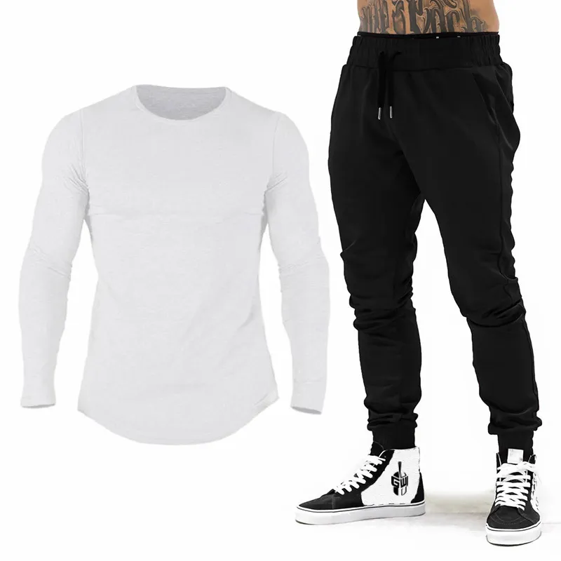 Varumärke Gym Kläder Tracksuit Män Bomull Långärmad T-shirt + Joggers Byxor Män Bodybuilding Fitness Jogging Sweatpant Sweatsuit 210421