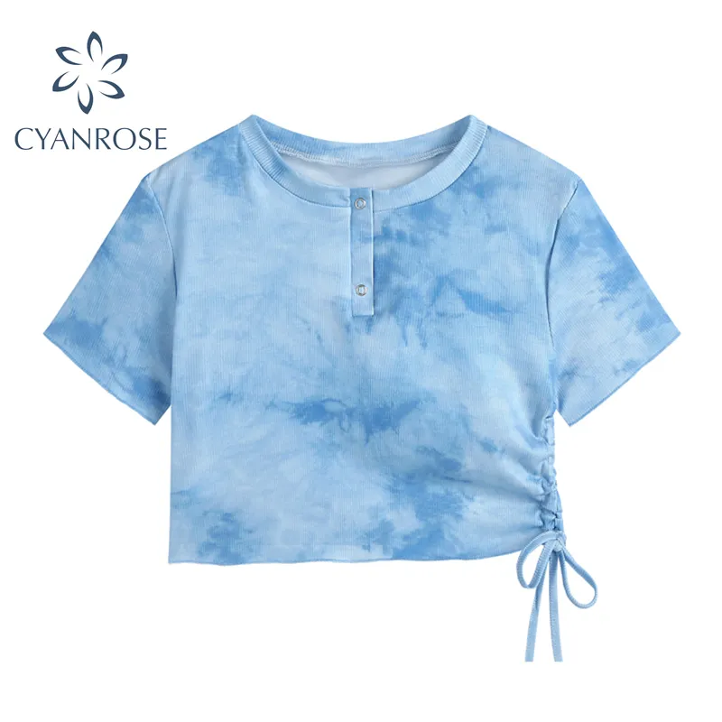 Sommar Kvinnors Blå Tie Dye T-shirt Toppar Drawstring Lace-up Kortärmad Retro Retro Y2K Sheath Crop Tees High Street Fashion Top 210417